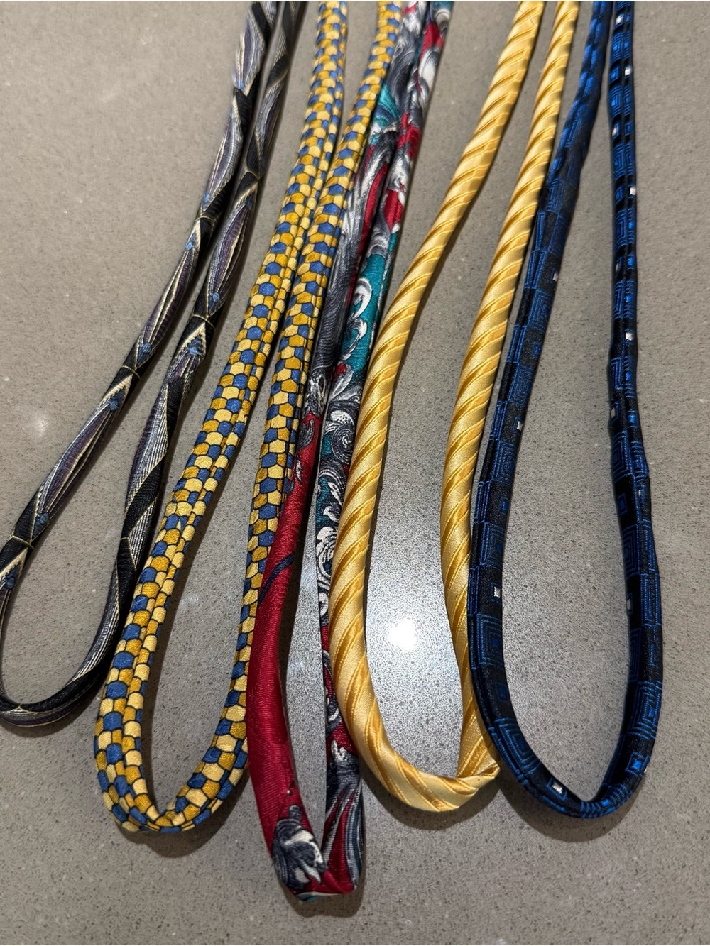 Upcycled handmade silk tie cords multi colors bundle. See photos for using them.